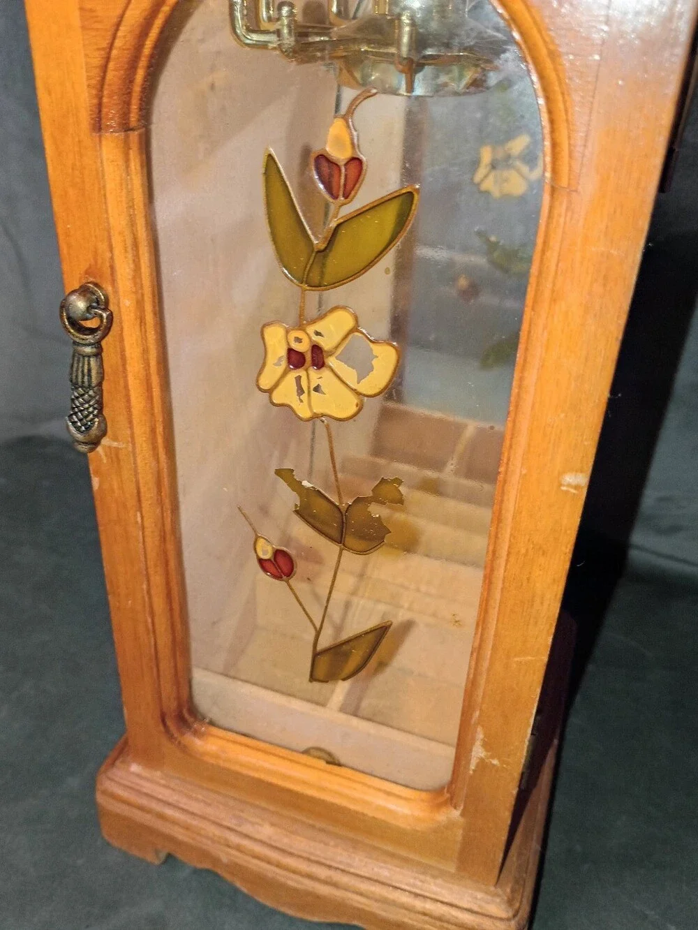 Vintage Wooden Jewelry Cabinet with Stained Glass Door 10.5x5.5 In